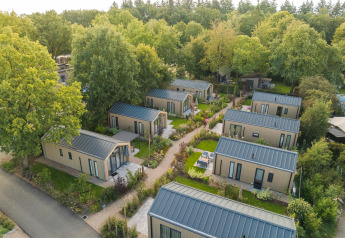 Vista aerea di moderne tiny house disposte in file, circondate da giardini verdi e alberi nella natura.