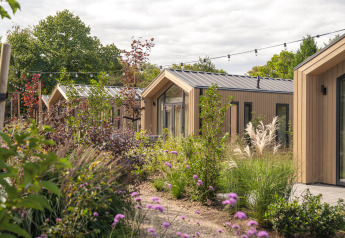Modern tiny lodges at Veluwepark de Bosgraaf in the Netherlands, surrounded by lush plants and gardens.