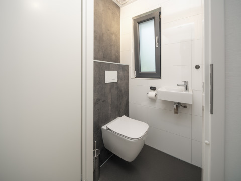 Moderne compacte badkamer met hangtoilet, kleine wastafel en raam in Cannenburch Deluxe op Veluwepark de Bosgraaf.