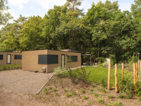 Buitenaanzicht van Cannenburch Deluxe lodge bij Veluwepark de Bosgraaf in Nederland, omgeven door bos.