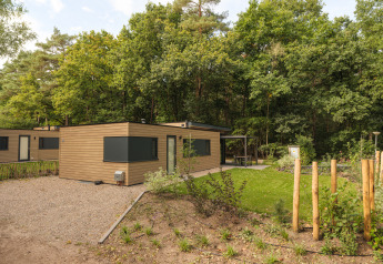 Vue extérieure du lodge Cannenburch Deluxe au Veluwepark de Bosgraaf, entouré de forêt verdoyante.