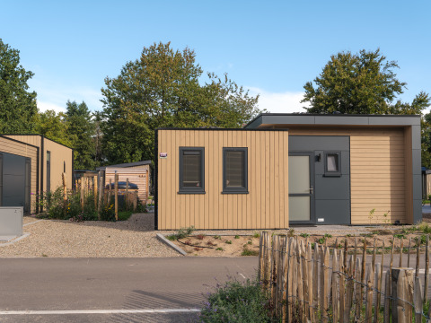 Moderne lodge med træfacade, terrasse og sauna på Veluwepark de Bosgraaf i Holland, omgivet af natur.
