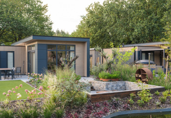 Moderne Lodge mit Garten, Blumen und viel Grün im Veluwepark de Bosgraaf in den Niederlanden.
