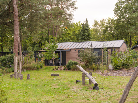 Moderne lodge in een groene omgeving met een speeltuin ervoor, omringd door bomen en struiken.