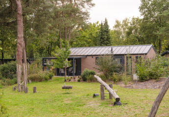 Modernes Lodge im Wald mit Spielplatz davor, umgeben von Bäumen und gepflegtem Rasen.