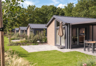 Doornenburg Lodge Comfort al Veluwepark de Bosgraaf nei Paesi Bassi, con terrazza e giardino verde.