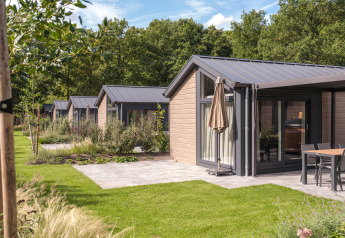 Lodge Doornenburg Comfort en Veluwepark de Bosgraaf, Países Bajos, con terraza y jardines verdes alrededor.