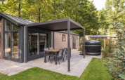 Overdekt terras met eettafel en hottub bij Doornenburg Lodge Comfort in Veluwepark de Bosgraaf.