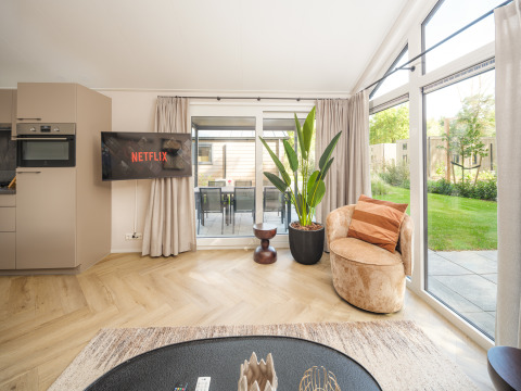 Bright living area at Doornenburg Lodge Comfort, featuring TV, armchair, large plant, and garden view.