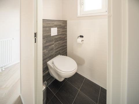 Modernes Badezimmer mit wandhängendem WC und dunklen Fliesen im Doornenburg Lodge Comfort in den Niederlanden.
