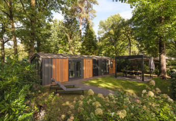 Moderna Cozy Chalet lodge entre árboles, con tumbona y comedor cubierto, rodeada de naturaleza verde.