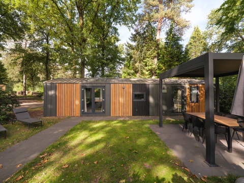 Modern Cozy Chalet lodge in Veluwepark de Bosgraaf, Nederland, omgeven door bomen en natuur.