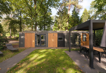 Modern Cozy Chalet lodge at Veluwepark de Bosgraaf in the Netherlands, surrounded by lush trees.