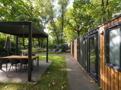 Außenbereich des Cozy Chalet im Veluwepark de Bosgraaf, Niederlande, mit Terrasse, Sitzbereich und Bäumen.