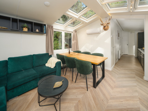 Sala de estar luminosa y moderna en Cozy Chalet de Veluwepark de Bosgraaf con sofá verde y comedor.