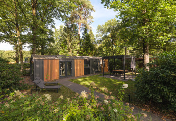 Hyggelig chalet i Veluwepark de Bosgraaf, Holland, omgivet af grønne træer og blomstrende buske.