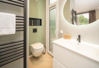 Modernes Badezimmer in der Rosendael Comfort Lodge mit grüner Wand, Spiegel und Dusche im Veluwepark de Bosgraaf.