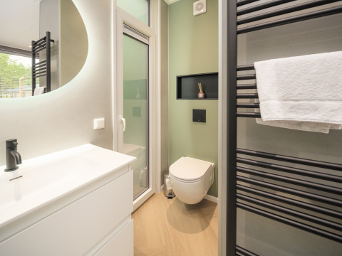 Modern bathroom at Rosendael Comfort with wall-mounted toilet and towel rack at Veluwepark de Bosgraaf.