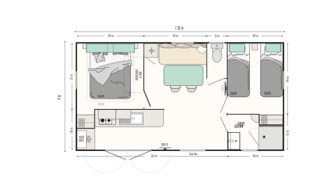 Plano de alojamiento glamping que muestra dos dormitorios, baño, cocina y zona de comedor.