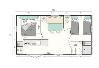 Plano de alojamiento glamping que muestra dos dormitorios, baño, cocina y zona de comedor.