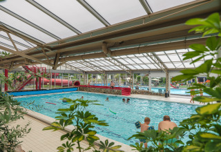 Piscine intérieure avec toit en verre et toboggan rouge au Vakantiepark Ackersate, Gelderland, Pays-Bas.