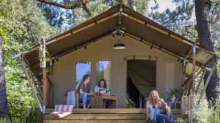 Cuatro mujeres se relajan y disfrutan frente a una tienda safari rodeada de árboles y naturaleza.