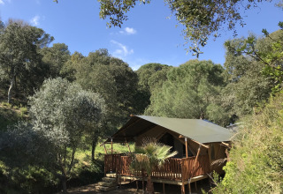 Tienda safari con instalaciones sanitarias en Camping Les Lauriers Roses, rodeada de naturaleza en Francia.