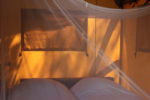 Innenansicht eines Safarizeltes mit Doppelbett und Moskitonetz bei Camping Il Collaccio in Italien.