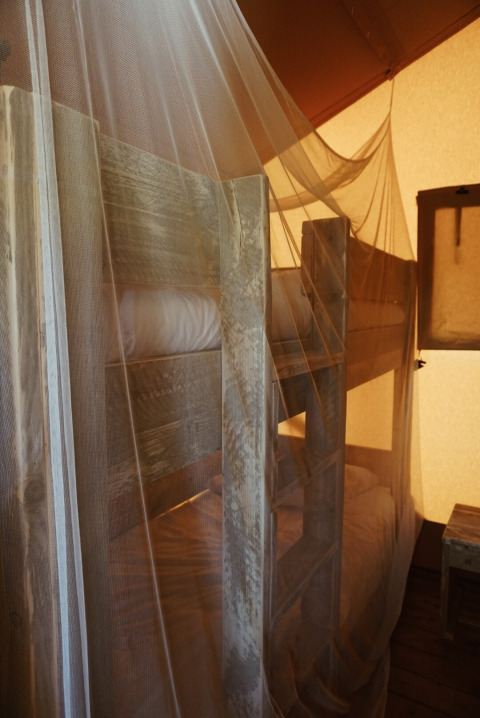Bunk beds covered with mosquito netting inside a safari tent, softly illuminated in a cozy atmosphere.