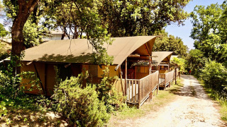 Tente safari avec sanitaires privés au camping Sierra, entourée d’arbres et de verdure sous un soleil éclatant.