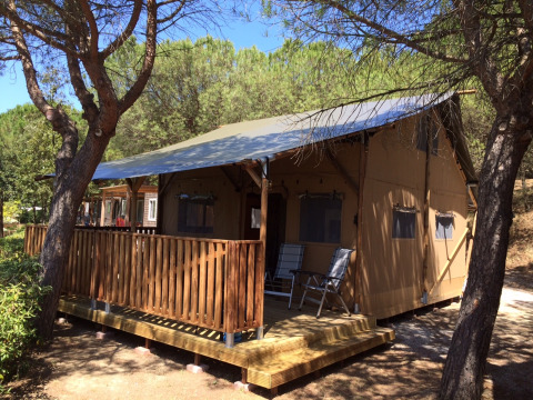 Safari tent with veranda and sanitary facilities in a forest setting, photographed in daylight.