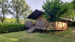 Tente safari avec installations sanitaires, terrasse en bois, entourée de verdure et d'arbres élevés.