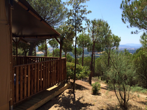 Vista da una tenda safari lodge con veranda in legno al Camping Paradiso in Italia, tra pini verdi.