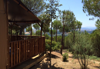Zicht vanaf een safari-lodgetent met houten terras bij Camping Paradiso in Italië, omgeven door pijnbomen.
