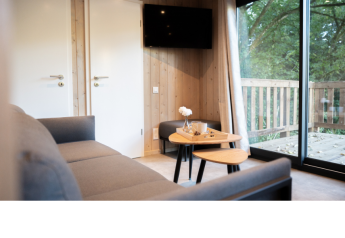 Modern lodge living room with sofa, coffee tables, TV, and large window offering a nature view outside.