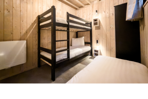 Room with bunk bed and single bed at Ecolodge, featuring wood-paneled walls and minimalist decor in Belgium.