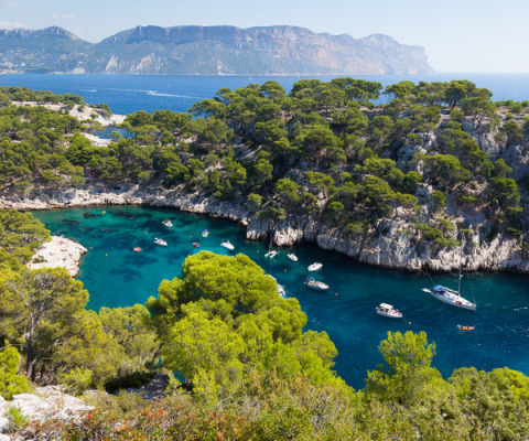 Des bateaux flottent sur des eaux turquoise dans une crique entourée de pins près d'Aix-en-Provence, France.