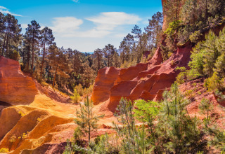 Colorate formazioni rocciose e pini vicino ad Aix-en-Provence, in Provenza-Alpi-Costa Azzurra, Francia.