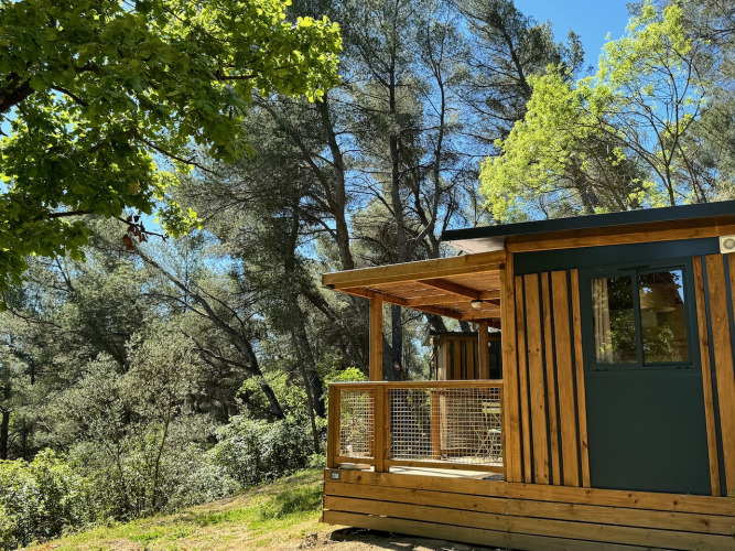 Cabina Evasion Chalet in legno con veranda immersa tra alberi verdi e cielo azzurro, ambiente sereno.