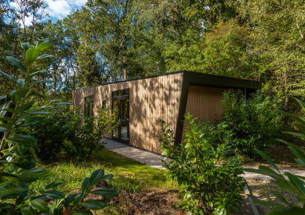 Moderne tiny house Bosrand Wellness Cabin Premium in het groen, met houten gevel en grote ramen.