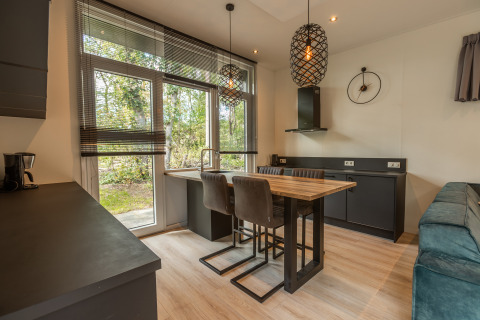 Espace salon et cuisine moderne et lumineux dans la Bosrand Wellness Cabin Premium à De Wiltzangh, Pays-Bas.