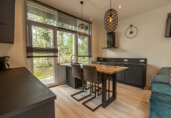 Zona giorno e cucina moderna e luminosa della Bosrand Wellness Cabin Premium a De Wiltzangh, Paesi Bassi.