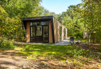Moderna tiny house Bosrand Wellness Cabin Premium immersa nel verde al Vakantiepark De Wiltzangh, Paesi Bassi.