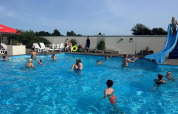 Børnefamilier nyder en solrig dag ved swimmingpoolen på Hvalpsund Familie Camping i Nordjylland.