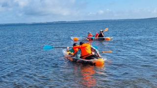 Folk i kajakker padler på en sø nær Farsø, Danmark, alle iført redningsveste under en blå himmel.