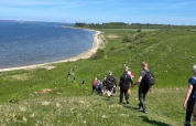Menschen wandern einen grünen Hügel zum Strand bei Hvalpsund Familie Camping in Nordjütland, Dänemark, hinab.