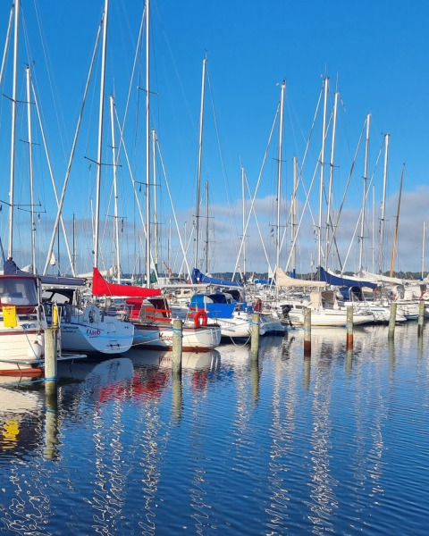 Zeilboten aangemeerd in een jachthaven nabij Farsø, Noord-Jutland, Denemarken op een zonnige dag.