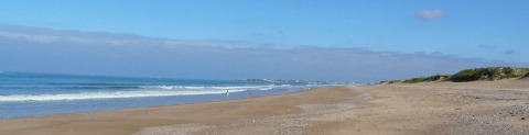 Vista panoramica della tranquilla spiaggia sabbiosa al Flower Camping Au Bois Des Biches, Pays de la Loire, Francia.