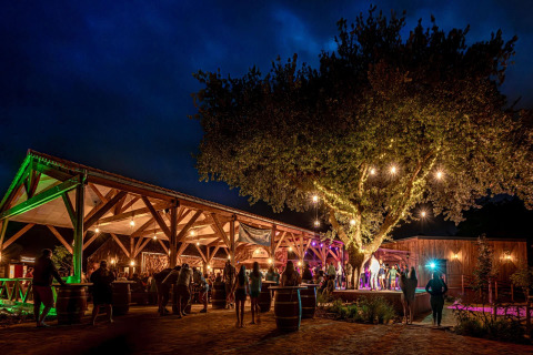 Photo nocturne d’un espace extérieur éclairé avec des invités au Flower Camping Au Bois Des Biches, France.