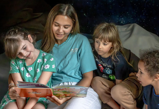 Een volwassene leest een prentenboek voor aan drie kinderen op Flower Camping Au Bois Des Biches, Pays de la Loire, Frankrijk.